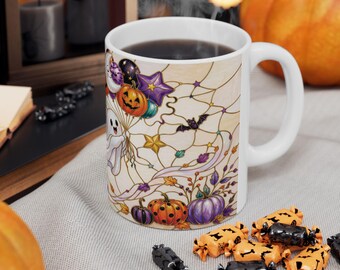 Halloween Ghost Balloon Parade Mug | Stained-glass Inspired Ceramic Coffee Cup