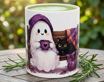 Cozy Ghost with Black Cat Mug | Halloween Pumpkin Tea Ceramic Mug