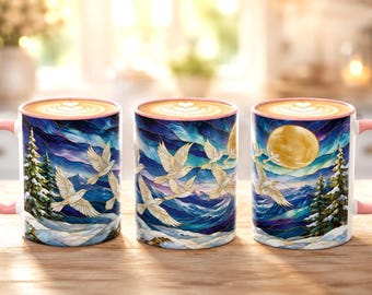 Golden Doves Moonlit Winter Scene Mug | Stained-glass Inspired Accent Coffee Mug