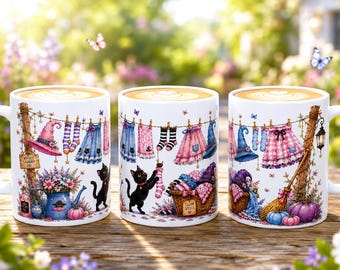 Whimsical Laundry Line Cats Mug | Cozy Cottage Illustration, Ceramic Coffee Cup