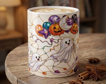 Halloween Ghost Balloon Parade Mug | Stained-glass Inspired Ceramic Coffee Cup