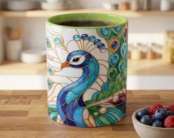 Stained Glass Inspired Peacock Art Style Accent Mug | 11oz or 15oz Ceramic