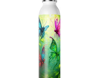 Botella de agua delgada Butterfly Garden / Acero inoxidable, doble pared para hidratación (591 ml)