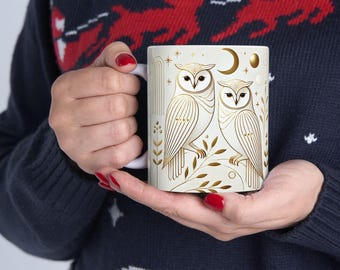 Kubek z sowami siedzącymi obok siebie | Ceramiczny kubek do kawy z sową