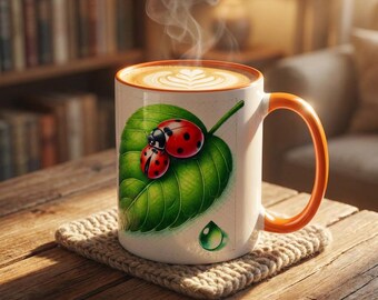 Mug à café avec motif coccinelle et feuille | Tasse en céramique inspirée des insectes naturels