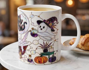 Stained Glass Inspired Halloween Cat and Ghost Mug | Ceramic Coffee Cup