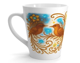 Bohemian Floral Bird Latte Mug: Artisan Coffee Cup, Nature Lover Gift