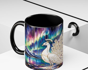 White Peacock Illustration Accent Coffee Mug | Stained-Glass Inspired 11oz 15oz