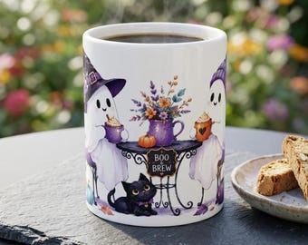 Ghost Halloween Mug | Black Cat, Pumpkin, Witchy Coffee Cup