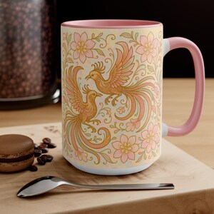 Accent Mugs | Bird With Florals, Decorative Coffee Cups, Ceramic Tea Mug, Unique Kitchen Decor, Floral Pattern Cup, Gift for Bird Lover