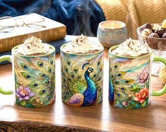 Opalescent Peacock Illustration Accent Coffee Mug | Stained-Glass Tableau 11oz or 15oz