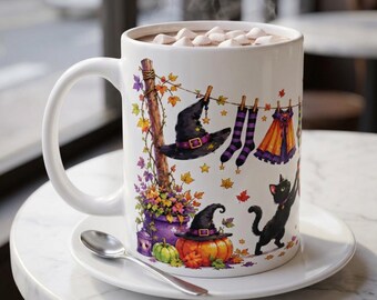 Witch Clothesline Halloween Mug | Witch Hat, Broom, Black Cat, Pumpkins