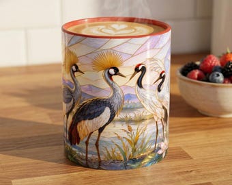 Caneca decorativa com arte inspirada em vitrais, com garças ao amanhecer à beira do lago | 325ml 445ml