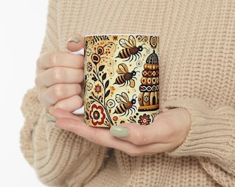 Beehive Pattern Mug | Honeybee Floral Ceramic Mug