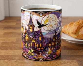 Stained Glass Inspired Halloween Witch Village Mug | Ceramic Mug