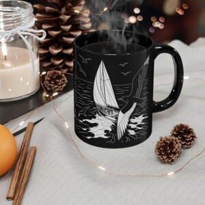 Nautical Black Mug: Seagull Art, Coastal Coffee Cup