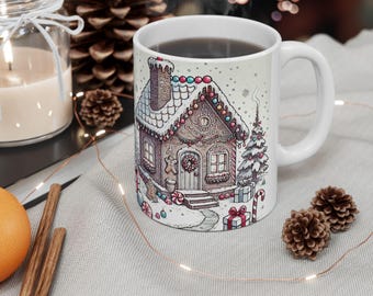 Gingerbread House Christmas Mug | Holiday Snowy Village Ceramic Mug