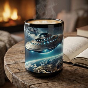 May include: A black coffee mug featuring a detailed illustration of a UFO hovering over Earth. The mug has a black rim and base, with a steaming latte inside. The background includes a blurred image of a fireplace and an open book.