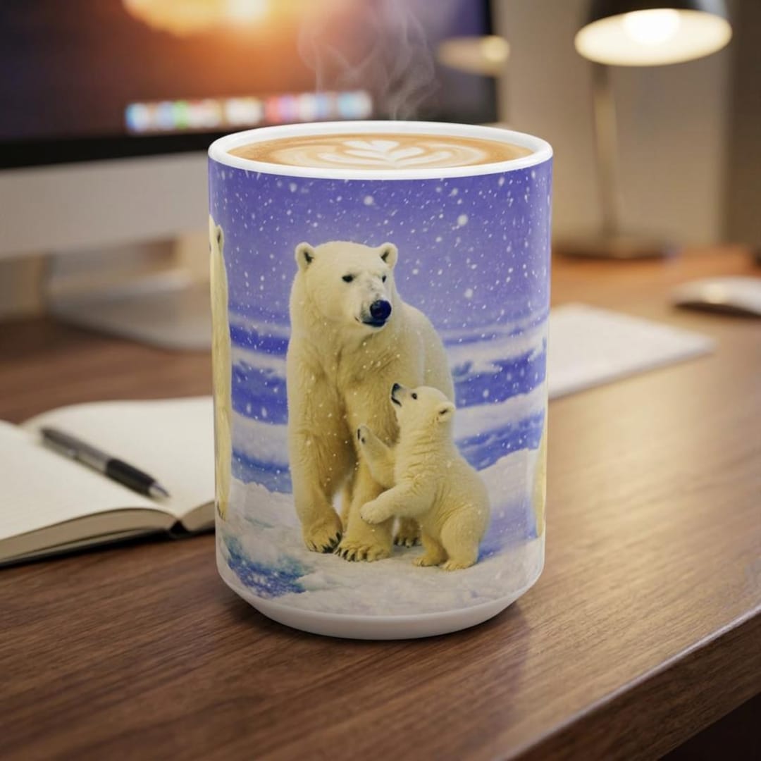 Polar Bear Family Mug, Mother and Cub on Arctic Ice, Winter