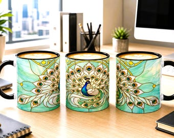 Stained Glass Inspired Peacock Accent Coffee Mug | 11oz 15oz