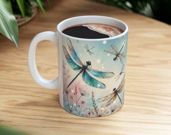 Dragonflies Ceramic Mug | Dragonfly Illustration Coffee Cup