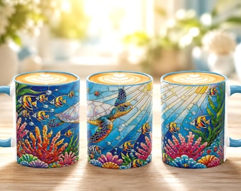 Sea Turtle Ocean Scene Mug | Stained-glass Inspired Accent Coffee Mug 11oz 15oz