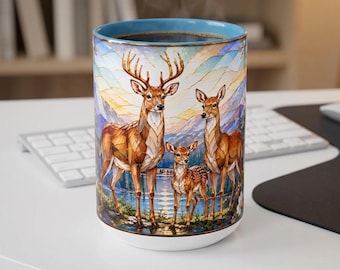 Deer Family Woodland Scene Illustrations Coffee Mug | Stained-Glass Inspired Accent 11oz or 15oz