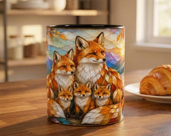 Autumn Fox Family Stained-glass Inspired Mug | Accent Coffee Mug