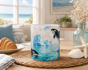 Orca Whale Watercolor Mug | Arctic Iceberg Ocean Scene