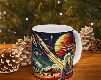 Rocket Ship Launching Ceramic Mug