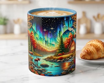 Cabin by Aurora Borealis Mug | 11oz 15oz Accent Coffee Mug