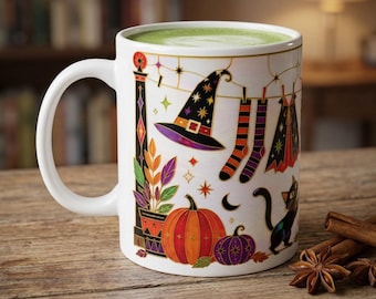 Whimsical Witch Cat Halloween Stained-glass Inspired Mug | Spooky Clothesline Illustration