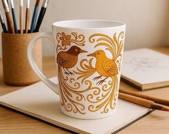 Artistic Bird Latte Mug: Unique Coffee Lover Gift