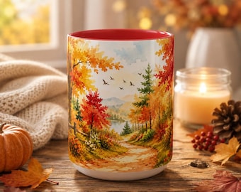 Autumn Forest Path Accent Coffee Mug | Fall Landscape, Red Orange Trees