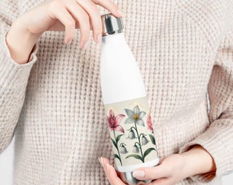 Botella de agua aislada con diseño floral – Taza de viaje de acero inoxidable ecológica