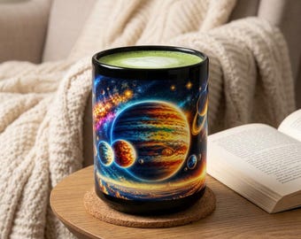 Vibrant Cosmic Planetary Scene Mug | Black Ceramic Coffee Cup
