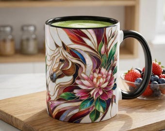 Caneca com ilustração floral de cavalo | Caneca de café com detalhe inspirado em vitral
