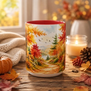 Autumn Forest Path Accent Coffee Mug | Fall Landscape, Red Orange Trees