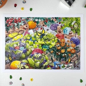 May include: A colorful watercolor illustration of a whimsical garden scene. The artwork features various cartoonish creatures, butterflies, and flowers in vibrant hues. A yellow butterfly is prominently displayed, and a tennis racket is also visible.