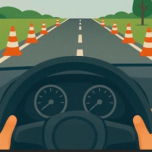 以下が含まれることがあります： オレンジと白の交通コーンが並ぶ道路を、ハンドルを握る手で運転する車のインテリアのイラスト。道路は白い車線があり、背景には緑の畑と木々が描かれています。
