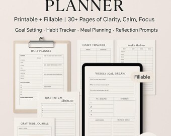 Zondag Reset Planner Kit | Afdrukbare en invulbare pdf van meer dan 30 pagina's | Weekplanner, zelfzorgdagboek, gewoontetracker, maaltijdvoorbereiding
