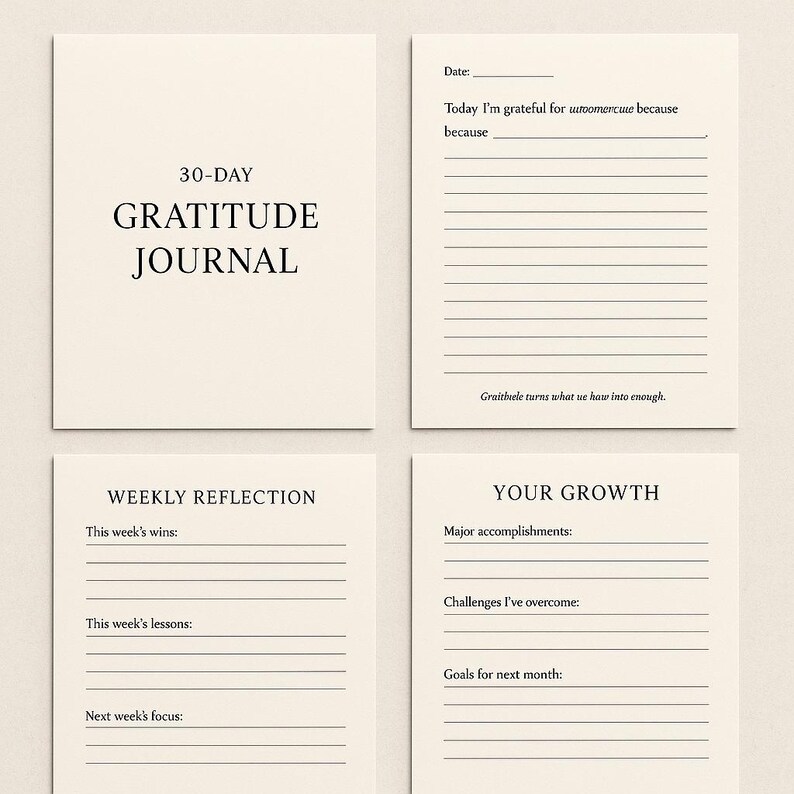 May include: A set of four cream-colored gratitude journal pages. The top left page reads "30-DAY GRATITUDE JOURNAL." Other pages include prompts for daily and weekly reflections, and tracking personal growth. The text is in a simple, elegant font.