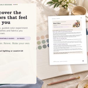 Könnte beinhalten: Ein sechzehnseitiger, druckbarer Leitfaden für Farbexperimente mit dem Titel Reset Rituals Designs. Das Dokument enthält Text, Farbmuster und Anleitungen zur Erstellung einer persönlichen Palette unter Verwendung vorhandener Kleidung und Stoffe.