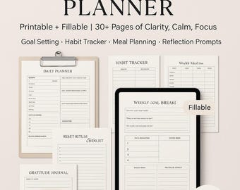 Weekly Reset Planner | 30+ Page Printable & Fillable PDF | Goal Setting, Daily Wellness Tracker, Reflection Journal