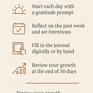 May include: A beige graphic with the text "HOW TO USE" at the top. The image shows a sun, calendar, tablet, and graph with instructions: start with gratitude, reflect on the week, fill the journal, and review growth.