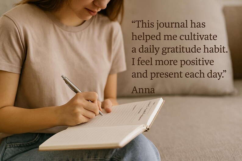 May include: A person writing in a journal with a silver pen. The journal is open, revealing lined pages. Text on the image reads: "This journal has helped me cultivate a daily gratitude habit. I feel more positive and present each day." - Anna.