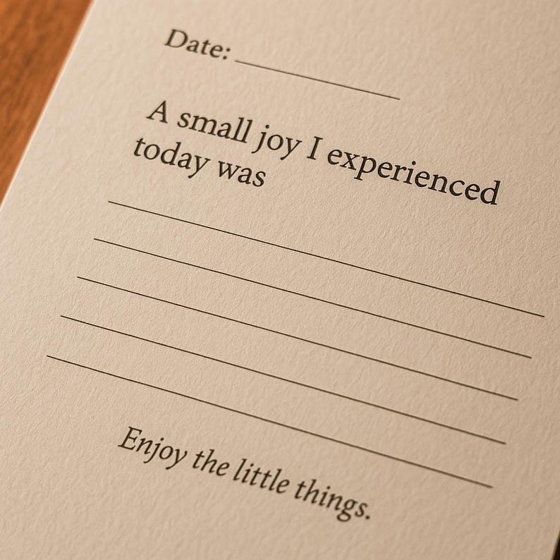 May include: Close-up of a cream-colored journal page with the text "Date:" and lines for writing. The text "A small joy I experienced today was" is printed above the lines, and "Enjoy the little things." is printed at the bottom.