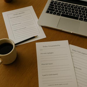 May include: A workspace scene featuring a laptop, journal pages, a cup of coffee, and a pencil on a wooden surface. The journal pages have prompts for reflection. The text "Designed with care in our studio" is visible.