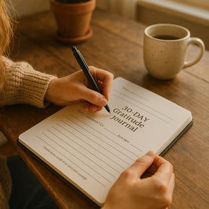 May include: A person writing in a 30-Day Gratitude Journal with a black pen. The journal is open on a wooden table, next to a speckled mug of coffee and a small potted plant.