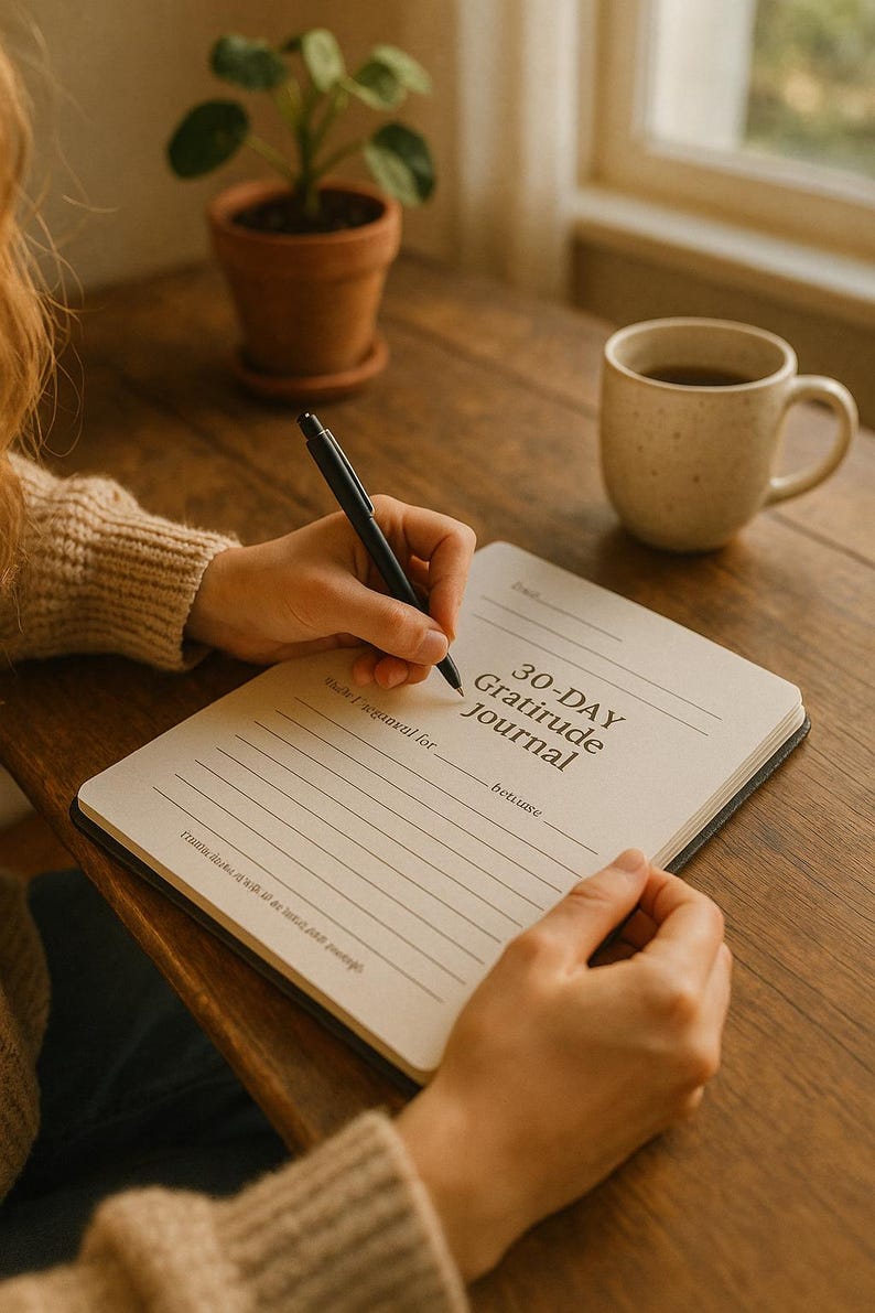 May include: A person writing in a 30-Day Gratitude Journal with a black pen. The journal is open on a wooden table, next to a speckled mug of coffee and a small potted plant.